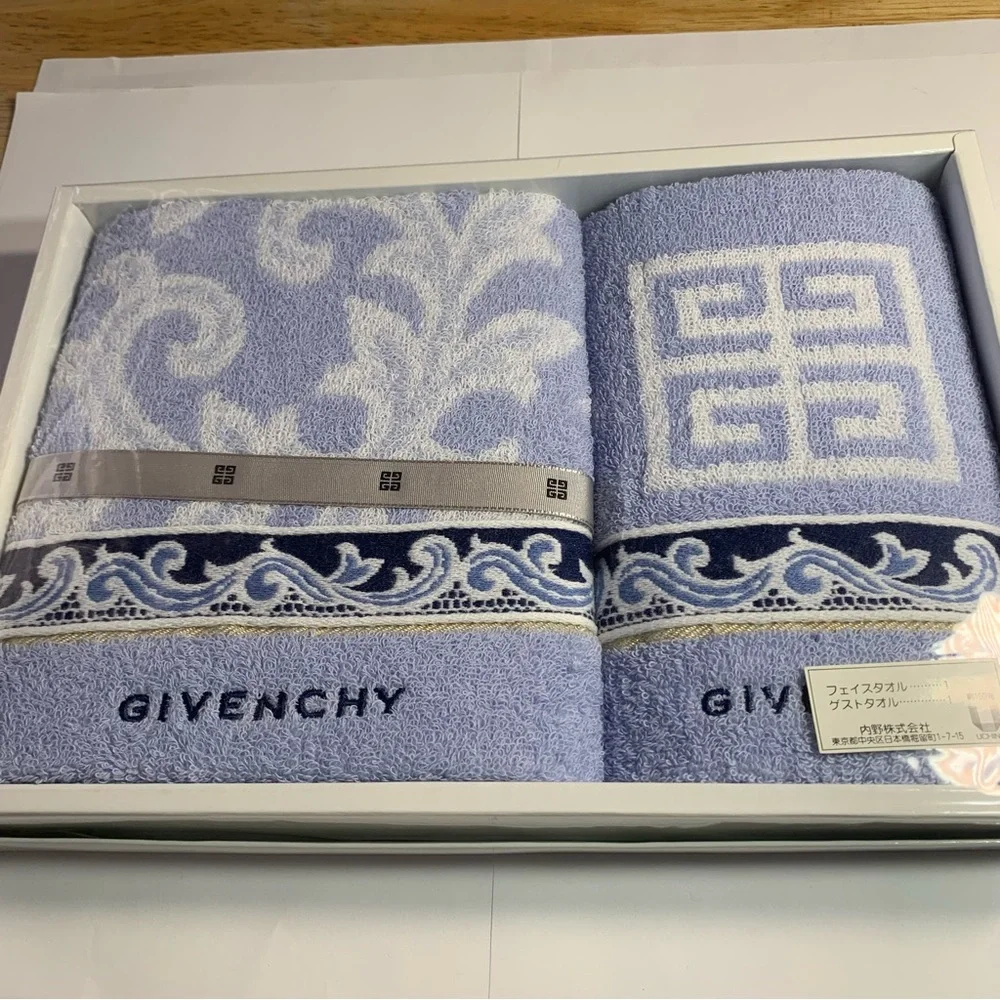 Givenchy Light Blue and White Bath Hand Towels with Elegant Jacquard Design